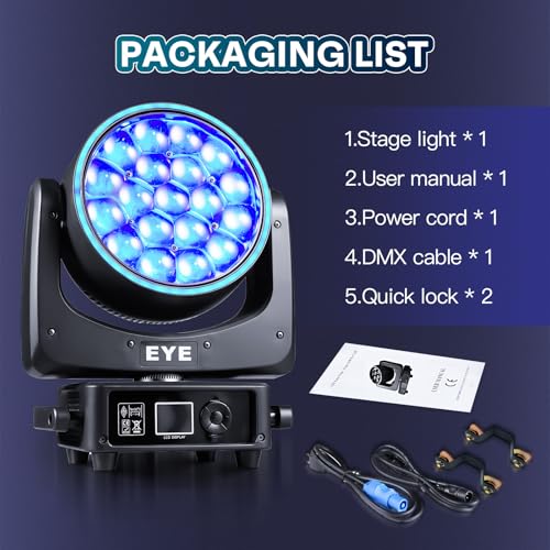 Zoom Moving Head DJ Light 19x25W RGBW Bee Eye LED Stage Lights Beam Wash Halo 8000K DMX 512/Sound/RDM Professional DJ Lighting for Party Live Show Wedding
