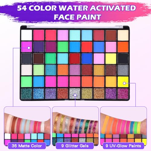54 Color Face Painting Kit, Face Painting Supplies with Stencils, Gems, Brushes, Sponges, Water Activated Facepaint Makeup Kit for Halloween, Parties, Carnival,School Event