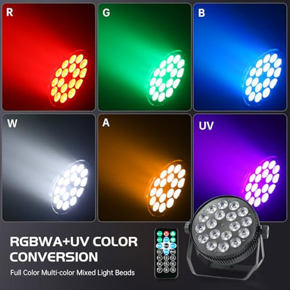 LED Stage Lights,18x18 Watt RGBWAUV 6-in-1 LED Par Lights, Aluminum Low Noise DMX512 Sound Activated Remote Control Wall Wash DJ Lights for Parties Disco Club Wedding Church Events