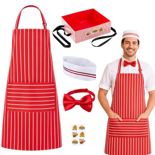 Adult 1950s Waiter Costume Kit for Men Women | Movie Night Worker Costume Set with Red & White Striped Apron Hat Bow Tie Polka-dot Scarf for Halloween 1950s Party Cosplay - color: Red - Men 5pcs