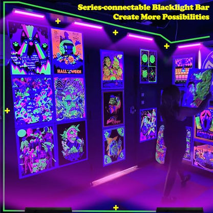 1 Pack 45W Series-connectable LED Black Light Bar, Scalable Blacklight with 6.6ft Cord+Switch, Each Light Up 26x26ft Glow in The Dark for Halloween Party Birthday Body Paint Fluorescent Poster - style: 1Pack 45W