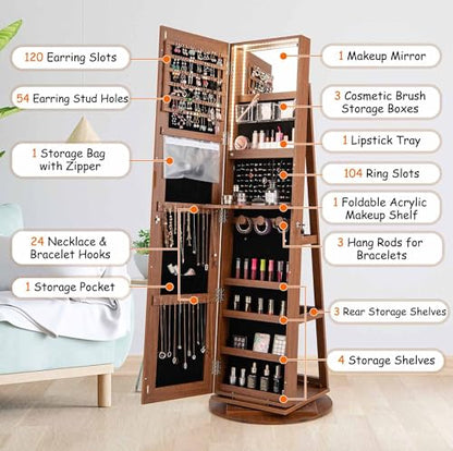 LOKO 360° Swivel Jewelry Cabinet, Lockable Jewelry Organizer (Brown) - color: Brown