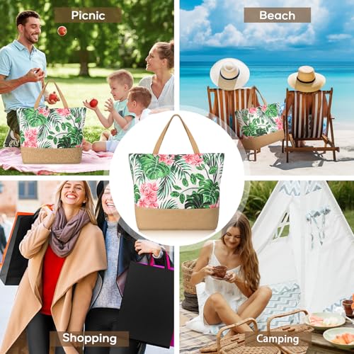 Trifabricy Beach Bags for Women,Waterproof Straw Beach Tote Bag With Zipper - color: Pink Floral