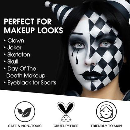 BOBISUKA Black & White Painting Kit - 2 Face Body Paint Sticks with 2 Paintbrushes & 2 Sponges Halloween Makeup Set for Clown Skeleton Skull Cosplay Special Effects Costume SFX , Eye Black for Sports - color: Black, White with Brushes + Sponges Set