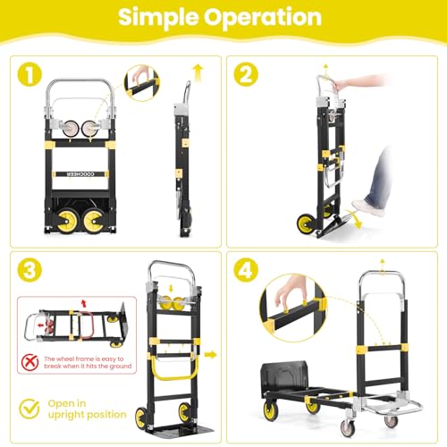 3-in-1 Folding Hand Truck, 600lb Convertible 4 to2 Wheel Dolly Cart Yellow | For home office warehouse garage farm gym, carbon steel frame, base expands 35-44in, swivel rubber wheels, folds flat - color: Yellow-1
