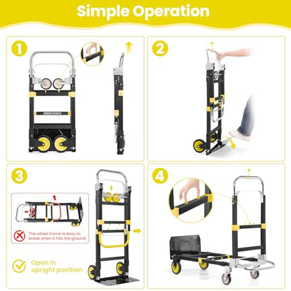 3-in-1 Folding Hand Truck, 600lb Convertible 4 to2 Wheel Dolly Cart Yellow | For home office warehouse garage farm gym, carbon steel frame, base expands 35-44in, swivel rubber wheels, folds flat - color: Yellow-1