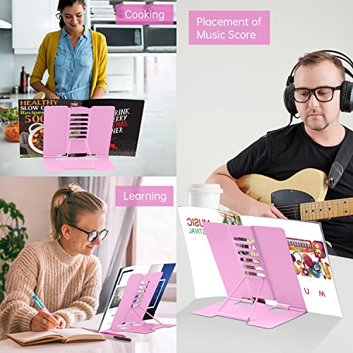 Honagu Book Stand Metal Desk Book Holder, Book Holders for Reading Hands Free, Adjustable Cookbook Documents Holder, Portable Bookstand for Music Books, Textbook, Recipe, Tablet, Ipad (Pink) - color: Pink