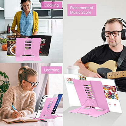 Honagu Book Stand Metal Desk Book Holder, Book Holders for Reading Hands Free, Adjustable Cookbook Documents Holder, Portable Bookstand for Music Books, Textbook, Recipe, Tablet, Ipad (Pink) - color: Pink