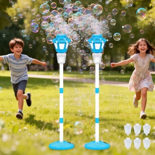 2 Pack Bubble Machine for Kids, Automatic Bubble Blower with Light & Rechargeable Battery, 40 Inch Adjustable Height Outdoor Toys for Party, Toddlers, Sibling Gifts (Includes 6 Solution), Blue - color: Blue-2 Pack