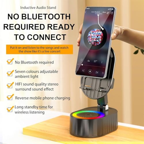 AKLLCCR Wireless Induction Bluetooth Speaker 5in1 Phone Holder Speaker | 3000mAh Rechargeable Phone Speaker Amplifier,Ambient Light,Portable Stand for iPhone,Android,Ideal Gift for Men/Women,Black - color: Black