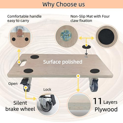Furniture Dolly 4 Wheels, Furniture Movers, 2 Packs 2200 lb Load Capacity Heavy Duty Real Wood Dolly, Multifunctional Moving cart with 4 Soft Rubber Silent Wheels （2 with Brake+ 2 Without） - size: Real Wood Dolly with Brake Wheels