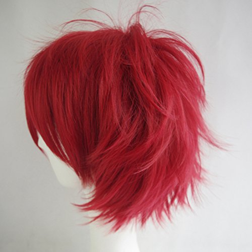 LABEAUTÉ Short Burgundy Red Anime Cosplay Wig Male Men Anime Layered Unisex Heat Resistant Hair Wig with Bangs for Party and Halloween for Gift + Free Cap - color: Burgundy Red