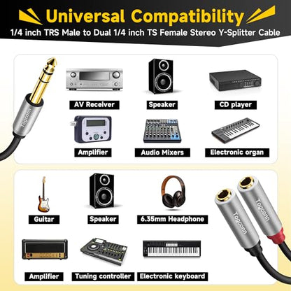 2-Pack 1/4 inch TRS Stereo Splitter Y Adapter, 6.35mm Stereo Male to Dual 6.35 mm TS Mono Female Jack, Quarter inch Audio Speaker Splitter Converter Cable 1 Feet, Gold Plated Connectors - color: 6.35mm TRS Male to Dual 6.35mm Female, size: 2 Pack