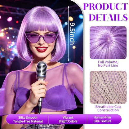 Short Bob Straight Hair Wigs with Bangs, Synthetic Fiber Colorful Hair, Cat Eye Glasses for Women (Pink-Purple) - color: Pink-Purple