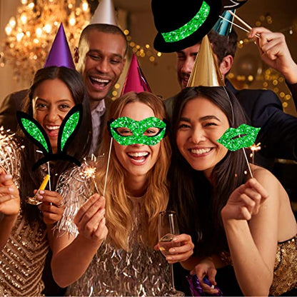Zonon 24 Pcs Photo Booth Props Set Black Gold Birthday,Green and Black | Props on Sticks for Wedding, Reunion, Prom, Includes Mustache, Hats, Glasses, Ties, Lips, Crowns, Fun Party Accessories - color: Green and Black