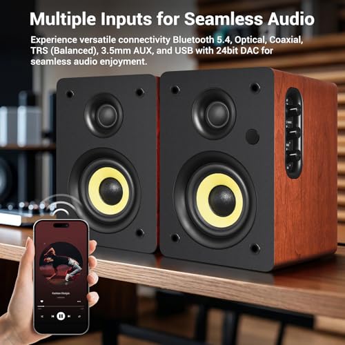 Sanyun SW206 80W 2.0 Active Bookshelf Speakers, Dual-Mode Creator & Music | 4" Carbon Fiber + 25mm Silk Dome, 24bit DAC, 6.35mm TRS Balanced + (Optical/Coaxial/AUX/USB/BT) Inputs, MDF, (Pair, Red) - color: Red