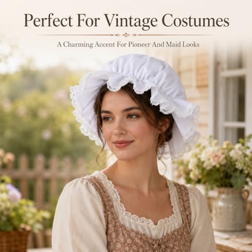 White Bonnet Mob Cap Accessory - Colonial Peasant Amish Hat, Grandma Night Bonnet Nightcap Prairie Cap Halloweens Costume Bonnets Maid Cosplay Costume Accessory for Maid Girls and Women