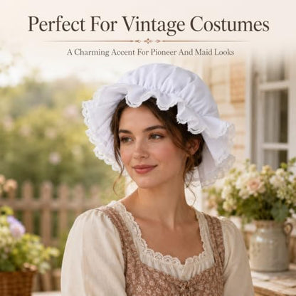 White Bonnet Mob Cap Accessory - Colonial Peasant Amish Hat, Grandma Night Bonnet Nightcap Prairie Cap Halloweens Costume Bonnets Maid Cosplay Costume Accessory for Maid Girls and Women