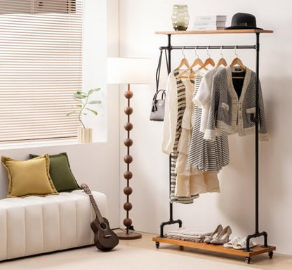Industrial Pipe Clothing Rack, Wood Clothes Rack, Rolling Garment Rack | Iron Clothing Hanging Rod with Shelves, Wheels and Hangers, Heavy Duty, Steampunk, Retail, Bed Room, Entry, Laundry Room