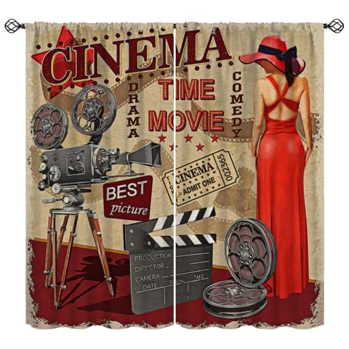 Retro 80s Movie Theater Curtains Poster Red Dress Girl Movie Camera Film 90s Vintage Blackout Window Treatment for Home Theater Living Room Bedroom Cafe Decor Window Drapes 42" W X 45" L - color: Style-5, size: 20.5"W x 44.5"L (Pack of 2)
