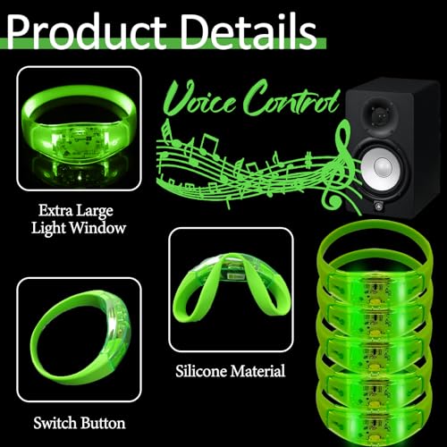 24 Pcs LED Glow Bracelets Sound Activated Music Control Light Up Bracelets for St Patty's Non Candy Goodie Gift Bag Stuffers Treats for Boy Girl For Birthday Party,Carnival,Concerts(green) - color: Green