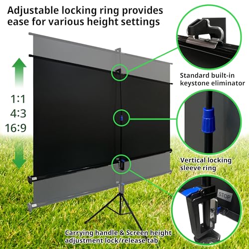Elite Screens Tripod, 136-Inch 1:1 Portable Projector Screen with Stand– MaxWhite 2, 1.1 Gain, Adjustable Indoor Outdoor Pull Up Projection Screen for Home Theater, Office & Classroom, T136UWS1, Black - size: 136-inch/ 1:1