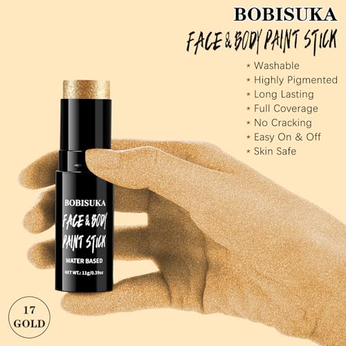 BOBISUKA Metallic Gold Face Body Paint Stick Washable Water-Based Face Paint Makeup Stick for Halloween Skull, Goth, Cosplay, SFX, Sports Eye Black & Costume Party - color: Gold