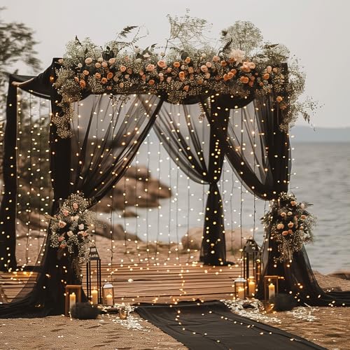 Fomcet Tulle Backdrop Curtains with Lights Black 10x8ft Sheer Curtain - color: Black, size: 10FT X 8FT(2 Panels 5ft X 8ft)