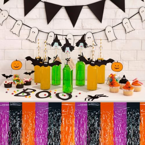2 Pack 29.5x108 Inch Foil Tinsel Fringe Table Skirts, Disposable Table Skirts for Rectangle Tables Curtains Backdrop Parade Wedding Floats Baby Shower Party (Black, Orange, Purple) - color: Black, Orange, Purple