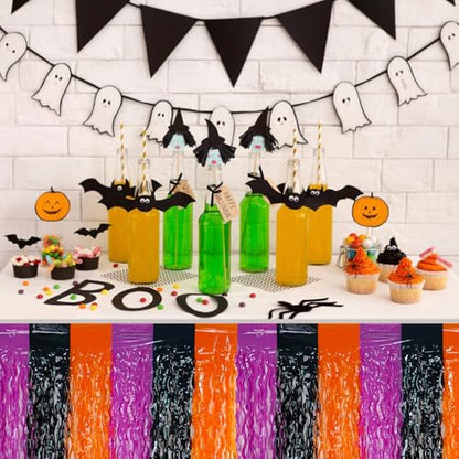 2 Pack 29.5x108 Inch Foil Tinsel Fringe Table Skirts, Disposable Table Skirts for Rectangle Tables Curtains Backdrop Parade Wedding Floats Baby Shower Party (Black, Orange, Purple) - color: Black, Orange, Purple