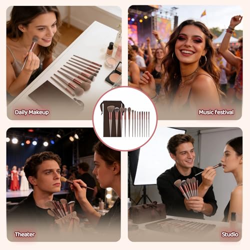 Makeup Brush Set, 13 Piece Professional Cosmetic Brushes with Pouch, Synthetic Bristles, Hypoallergenic for Face and Eye Application, Face & Eye Brush Set for Beginners to Pros (Brown) - color: Brown