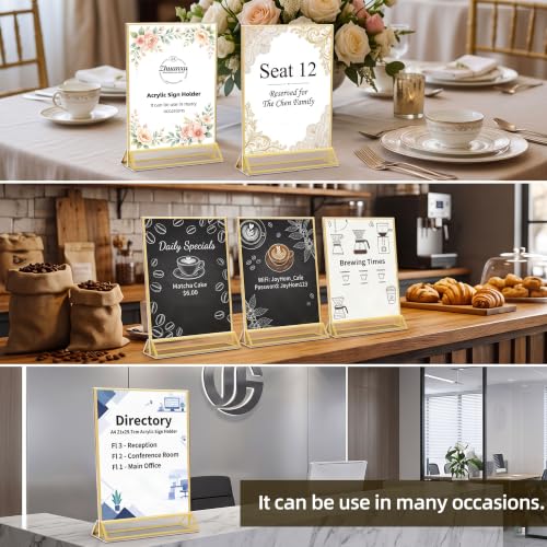 3 Pack Gold Acrylic Sign Holder 8.5 x 11 Inches, Double-Sided Gold Frames | Clear Tabletop Display Stand, Vertical Menu & Flyer Holder for Restaurants, Cafes, Stores, Hotels, Offices, Reception Desk