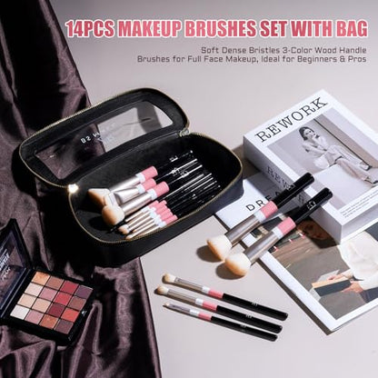BS-MALL Makeup Brushes Set with Bag 14 Pcs, Travel Friendly Brush Set for Women, Powder Blush Eyeshadow Concealer Foundation Brush, Multi Purpose Daily Use Makeup Brush Kit