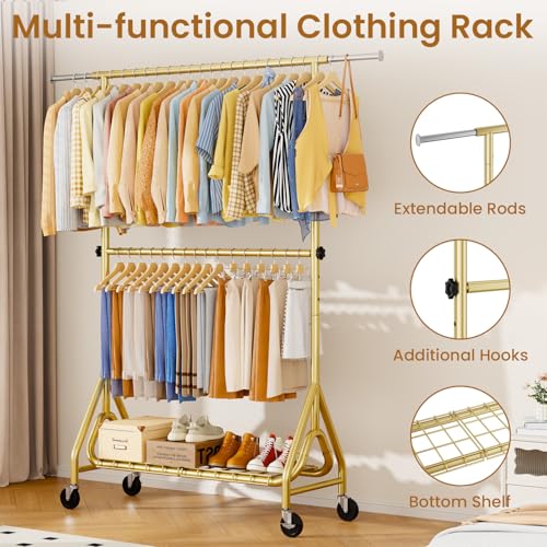 Double Rods Clothing Rack, Heavy Duty Clothes Rack for Hanging Clothes Load 560LBS, Metal Rolling Garment Racks with Wheels, Freestanding Clothes Hanging Racks, Gold - color: Gold, size: Double Rods