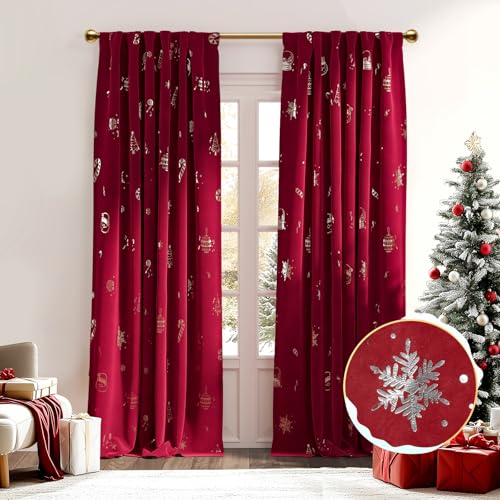 Lazzzy Christmas Curtains Velvet 96 Inch Length Thermal Insulated Silver Foil Print Drapes for Bedroom Living Room Darkening Window Treatments Rod Pocket Curtains, 2 Panels - color: Foil Silver/Red, size: 52"W x 96"L (Pack of 2)