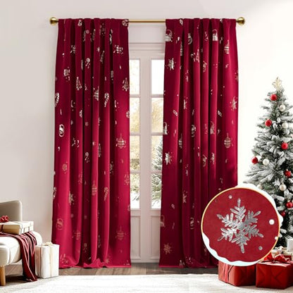 Lazzzy Christmas Curtains Velvet 96 Inch Length Thermal Insulated Silver Foil Print Drapes for Bedroom Living Room Darkening Window Treatments Rod Pocket Curtains, 2 Panels - color: Foil Silver/Red, size: 52"W x 96"L (Pack of 2)