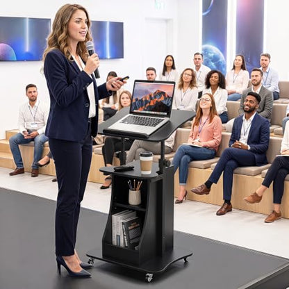 Tangkula Mobile Lectern Podium, Height Adjustable Podium Stand, Standing Sit-to-Stand Desk, Rolling Cart Laptop Desk with Swivel Top Movable Wheels & Storage - color: Black, size: 20" x 16" x 44"