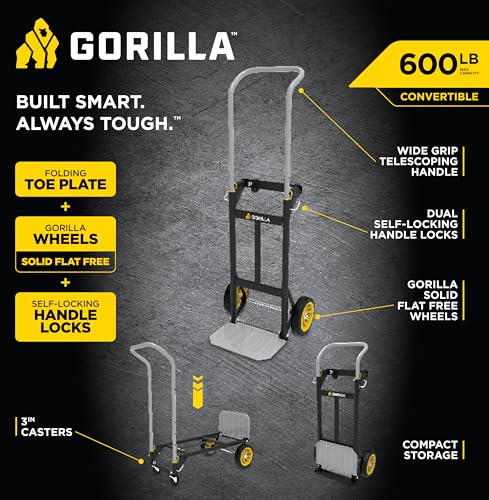 Gorilla Heavy Duty Convertible Steel Hand Truck, 600 lb Capacity | Convertible steel hand truck for movers who need both an upright dolly and a flatbed rolling platform cart on the job.