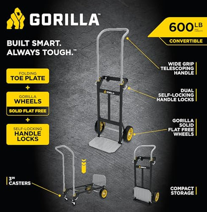 Gorilla Heavy Duty Convertible Steel Hand Truck, 600 lb Capacity | Convertible steel hand truck for movers who need both an upright dolly and a flatbed rolling platform cart on the job.