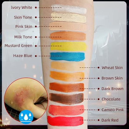 SFX Makeup Kit 12 Color Palette Scar Wax Halloween Cosplay | Spirit Gum, Fake Blood, Activator, Sealer & makeup tools for face body painting, theater, parties and special effects