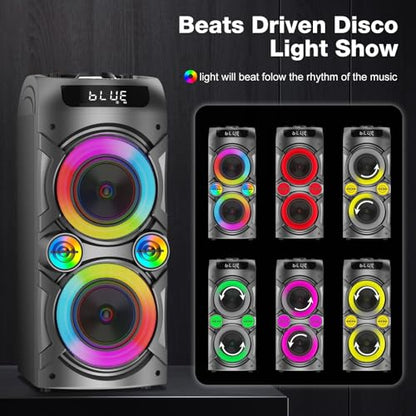 Karaoke Machine with 2 Wireless Microphones, Portable PA System Big Bluetooth Speaker with LED Lights, Remote Control Support Bass/Treble Adjustment, TF Card/USB, REC for Adult Kids Home Party