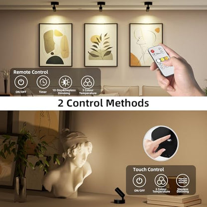 Spotlights Indoor with Remote & Touch, 5500mAh Rechargeable Battery Picture Lights with Timer, 10 Levels Brightness Dimmable Uplights Indoor for Tree Painting Cabinet Wall Gallery (4 Pack) - color: 4 x Black