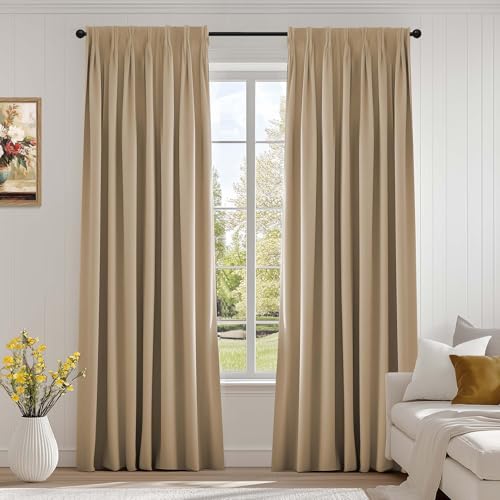 Lazzzy Cream Blackout Velvet Curtains 84 Inch Length Pinch Pleated Thermal Insulated Room Darkening Drapes Luxury Back Tab Window Treatments for Bedroom Living Room 2 Panels, 52 x 84 Inch, Latte - color: Latte, size: 52"W x 84"L (Pack of 2)