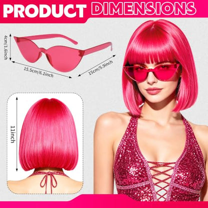 Short Bob Straight Hair Wigs with Bangs, Heat Resistant Fiber Hair, Cat Eye Glasses for Women (Hot Pink) - color: Hot Pink