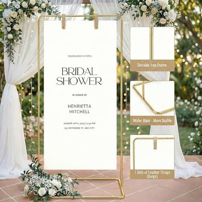 Wedding Welcome Sign Stand Fabric Banner Stand With Design Bundle Rose Vine | Linen Sign Holder Easel Stand for Sign Poster, Bridal Baby Shower Party With Stand Adjustable Welcome to Our Wedding, Gold - color: Gold