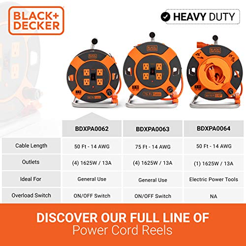 BLACK+DECKER 50 Ft. Retractable Extension Cord Reel, 4 Outlets | 14 AWG SJTW cable, easy handle rewind, multi-plug design, heavy-duty build - size: 50-Feet