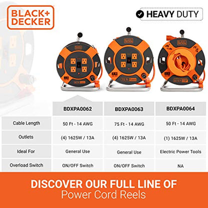 BLACK+DECKER 50 Ft. Retractable Extension Cord Reel, 4 Outlets | 14 AWG SJTW cable, easy handle rewind, multi-plug design, heavy-duty build - size: 50-Feet