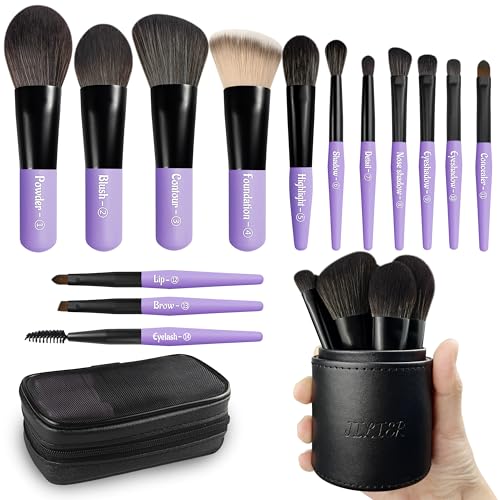 Jilier Travel Makeup Brush Set, 14 pcs Mini Makeup Brushes for Foundation, Powder, Eyeshadow, Highlight, Contour, Blush & Concealer, Small Makeup Brush Set Purse Size with Case (Purple) - color: Purple