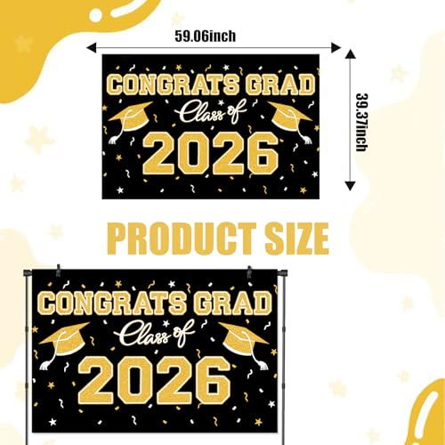 Graduation Party Backdrop 39x59 Inches, Black Gold Theme Class of 2026 Photo Booth Background for Commencement - style: Black Gold Backdrop