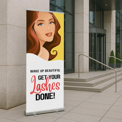 Lashes & Brows Retractable Stand Banner by DC | 33"x81" Roll-Up Display | Wake Up Beautiful Get Your Lashes Done Vertical Pull-Up Banner for Trade Shows & Events | Made in USA | (Stand Not Included) - color: Wake Up Beautiful Get Your Lashes Done, size: R